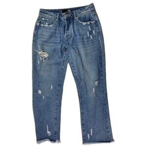 BBJ Size 3 26 Womens Jeans Button Fly Straight Crop Distressed Mid Rise Raw Hem